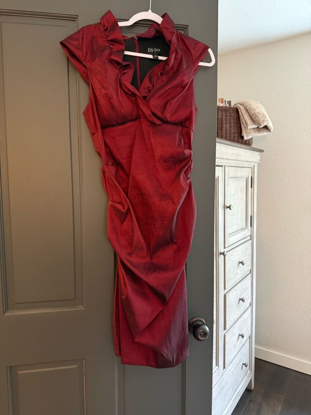 Red/Maroon Metallic Ruffled Sheath Dress